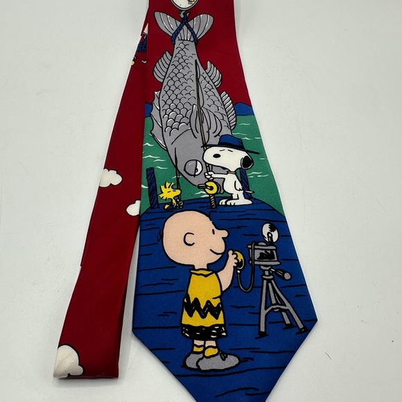 Peanuts Charlie Brown Snoopy Fishing Silk Neck Tie Made in USA 57” - Picture 1 of 4